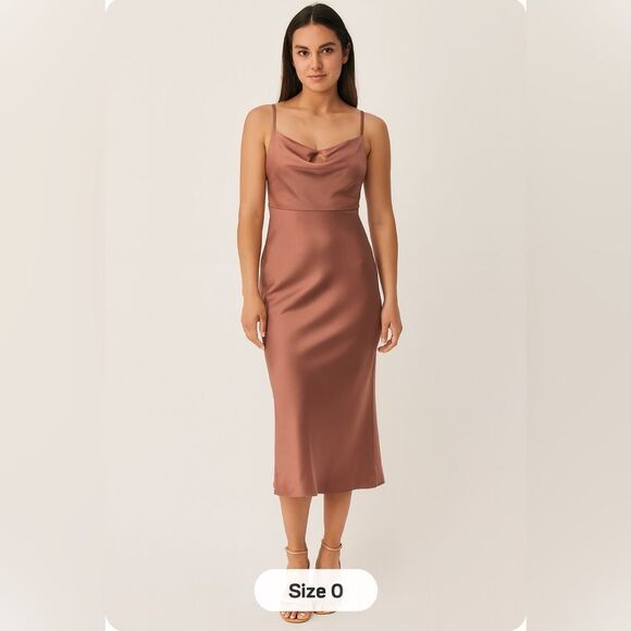 BHLDN Cali Satin Cowl Neck Midi Slip Dress In Sedona, Size 0 - Picture 1 of 10